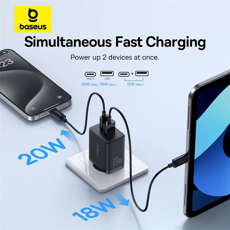 Baseus 20W USB Charger Support Type C PD Fast Charging Dual USB Port Portable Phone Charger For iPhone 15 14 13 12 11 Pro Max